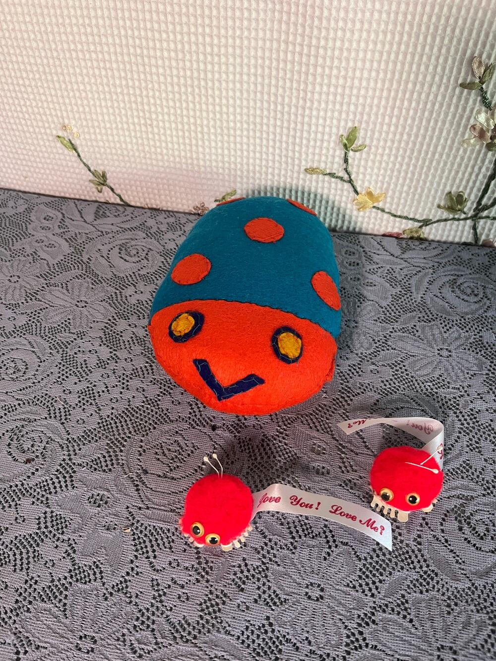 Handmade Felt Egg Bug Plush Lot with Pom Pom Love You Love Me Ribbon Bug Figures